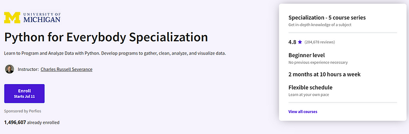 Python for Everybody Specialization, Coursera. Image taken from Coursera.org